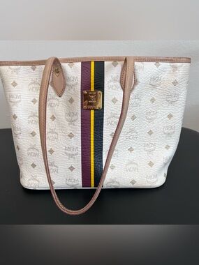 MCM White Logo Tote with Burgundy, Black & Yellow Center Stripe